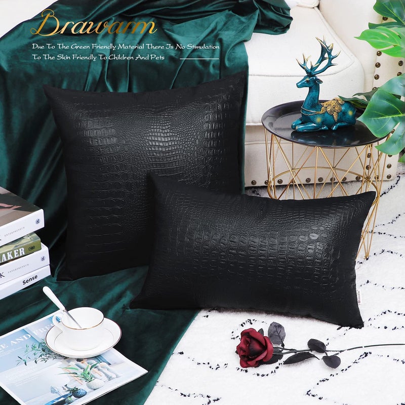 BRAWARM Faux Leather Pillow Covers 20 X 20 Inches, Black Leather Pillow Covers Pack of 2, Crocodile Leather Decorative Throw Pillows for Living Room Couch Bed Sofa Home - Image 4